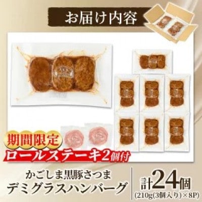 【期間限定】ロールステーキ2個付き 鹿児島県産 黒豚ハンバーグ 計24個(210g×8P)