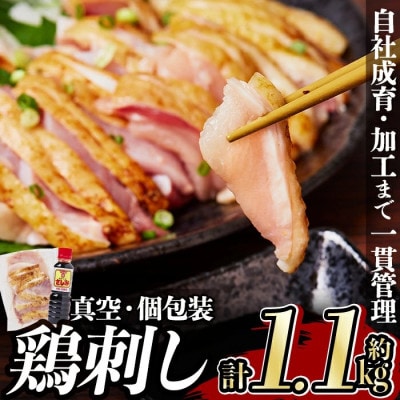 鹿児島 郷土料理 鶏刺し 約1.1kg(モモ肉・ムネ肉混合)さしみしょうゆ付き 【中村鶏肉店】