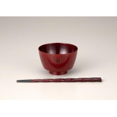 山中塗　欅3.7胴張汁椀　螺旋箸セット　赤摺