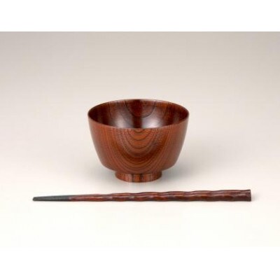 山中塗　欅3.7胴張汁椀　螺旋箸セット　茶摺