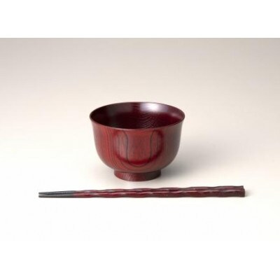 山中塗　欅3.7羽反汁椀　螺旋箸セット　赤摺