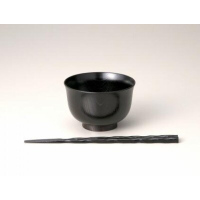 山中塗　欅3.7羽反汁椀　螺旋箸セット　黒摺