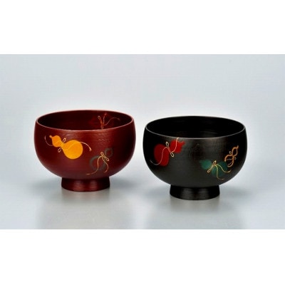夫婦布袋汁椀　錆　六瓢(手描き蒔絵・化粧箱入)　SO-335