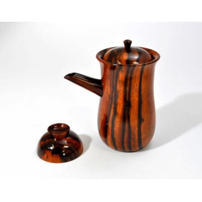 ◆伝統工芸士　佐竹　一夫作　黒柿　酒器揃(徳利・盃　黒柿孔雀杢　共木)SR-1170
