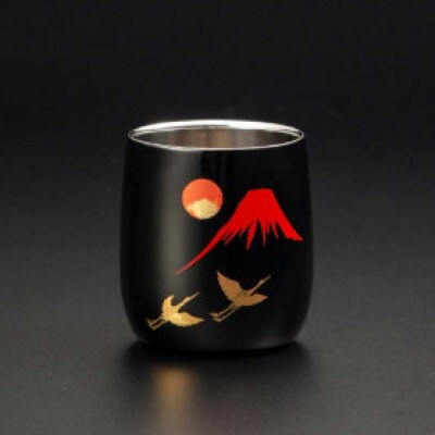漆磨カップ　二重構造　ダルマカップ 手描き漆絵箔ちらし 赤富士に鶴 250ml