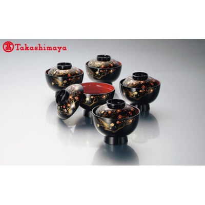 香琳4.0寸〈北市漆器店〉雑煮椀揃 黒内朱5客【高島屋選定品