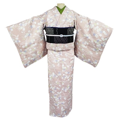 【さとふる限定】車いす用着物3日間レンタル(小紋:桃色桜紅葉　帯:黒色格子/草履)写真加工サービス付