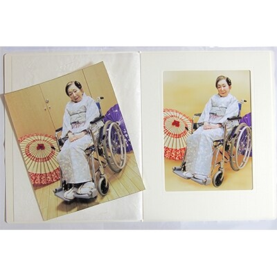 【さとふる限定】車いす用着物3日間レンタル(小紋:水色桜紅葉　帯:黄色草花/草履)写真加工サービス付