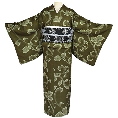 【さとふる限定】車いす用着物3日間レンタル(小紋:抹茶唐草　帯:藍 縞柄葉/草履)写真加工サービス付