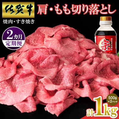 【佐賀牛】肩・もも切り落とし1kg(500g×2パック) 2カ月定期便(H065201)