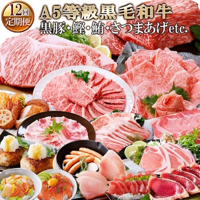 定期便(12回)枕崎お楽しみ便(A5等級黒毛和牛・黒豚・かつお・まぐろ・さつまあげ等)KK-6002