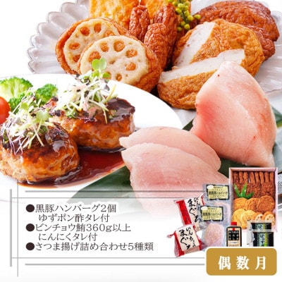 定期便(2回配送)枕崎お楽しみ便(黒毛和牛・まぐろ・手作りハンバーグ・さつまあげ等) DD-6002