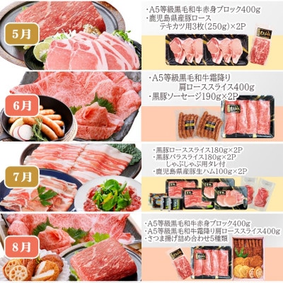 定期便(12回配送)枕崎お楽しみ便(A5等級黒毛和牛・黒豚・黒豚加工品・さつまあげ等)JJ-6003