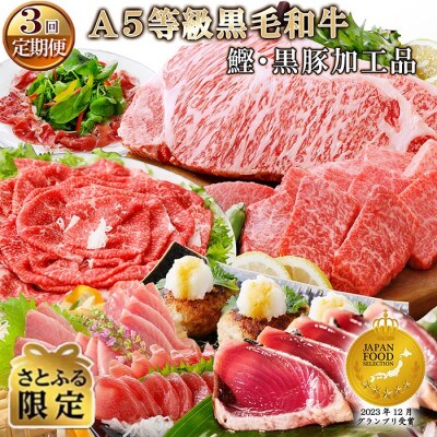 【さとふる限定】定期便(3回配送)枕崎お楽しみ(A5等級黒毛和牛&かつお・黒豚加工品)EE-0056