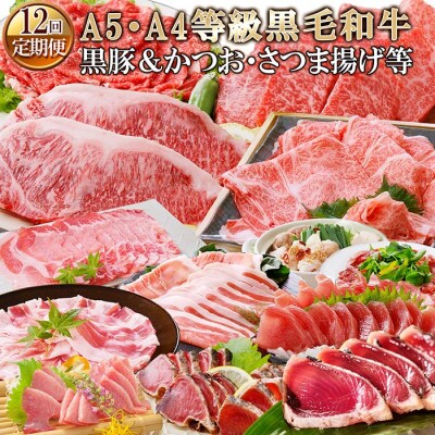 定期便(12回配送)お楽しみ便(A5・A4等級黒毛和牛・黒豚&かつお・さつま揚げ等) HH-6002