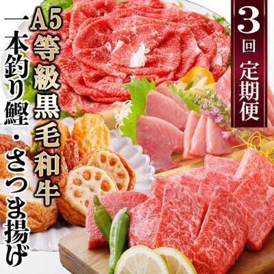定期便(3回配送)枕崎お楽しみ便(A5黒毛和牛・鰹・黒豚加工品・さつまあげetc) LL-6004