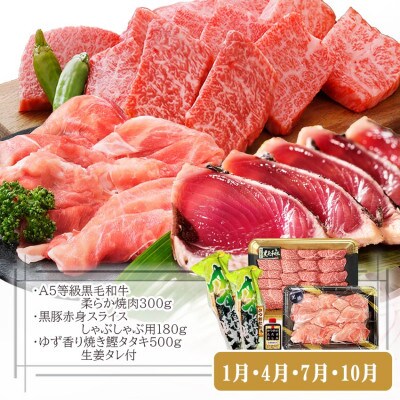 定期便(3回配送)枕崎お楽しみ便(A5黒毛和牛・鰹・黒豚加工品・さつまあげetc) LL-6004