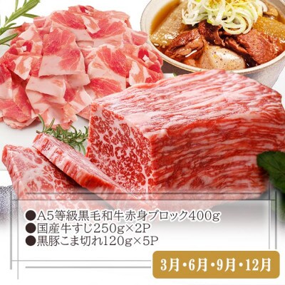 総重量3Kg越え、鹿児島県産黒毛和牛と黒豚のお料理定期便(3回配送)　EE0-0002