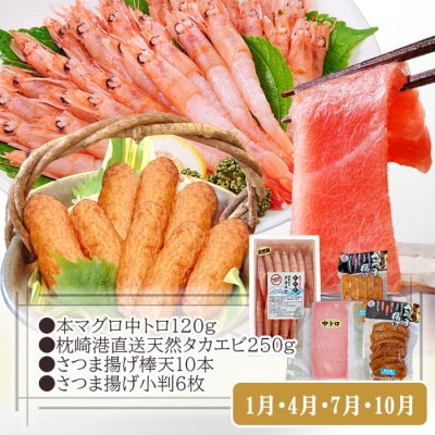 定期便3回配送　お楽しみバラエティーセット(薩摩甘えび・黒豚・さつま揚げ・まぐろ)QQ-0003