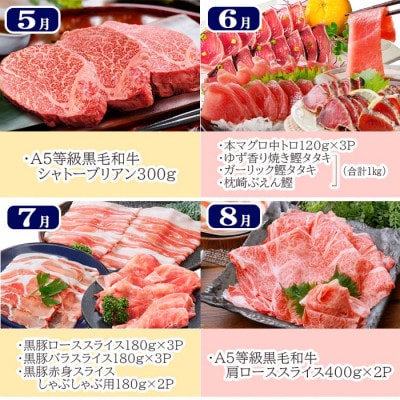 豪華定期便 12回配送　枕崎産伊勢海老　鹿児島県産黒毛和牛　黒豚