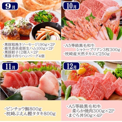 豪華定期便 12回配送　枕崎産伊勢海老　鹿児島県産黒毛和牛　黒豚