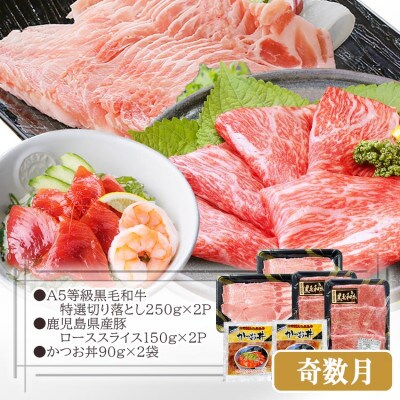 定期便(2回配送)鹿児島県産黒毛和牛・豚肉・一本釣りかつお DD-6004