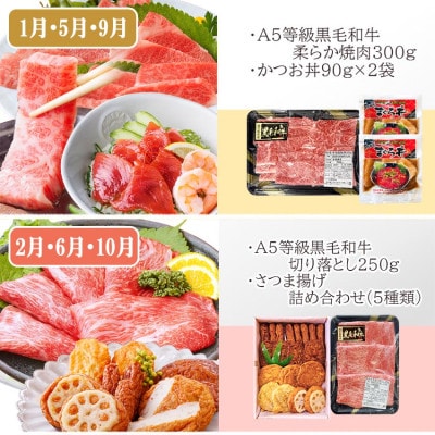 定期便(4回配送)黒毛和牛&まぐろ・かつお・さつま揚げ EE-0046