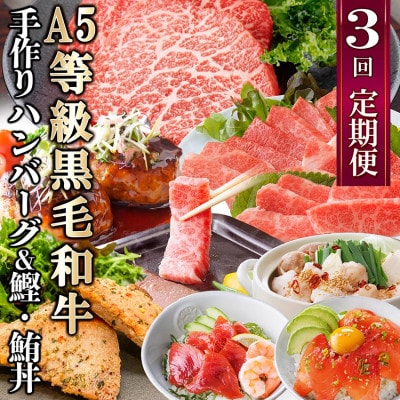 定期便(3回配送)枕崎お楽しみ便(黒毛和牛・黒豚ハンバーグ・まぐろ　かつお丼) LL-6005
