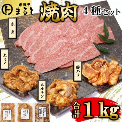 【飛騨牛】焼肉4種B-1セット　赤身肉と味付けホルモンなど　合計1kg