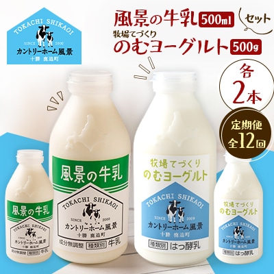 【毎月定期便】風景の牛乳 500ml　牧場てづくりのむヨーグルト 500g　各2本全12回