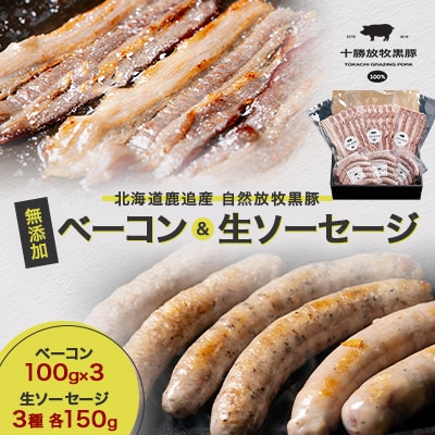 北海道鹿追産 自然放牧 圧巻の黒豚 無添加 ベーコン(100g×3)&生ソーセージ(3種各150g)