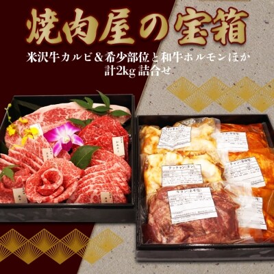焼肉屋の宝箱(米沢牛カルビ&希少部位と和牛ホルモンほか計2kg詰合せ)_B106