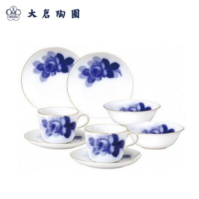 モーニング碗皿&プレート&ポリッジボールペアセット(ブルーローズ)〈大倉陶園〉