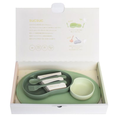 SUCSUCギフトセット4pcs GR(仕切りプレート、ミニボウル、トレイ、スプーン&フォーク)