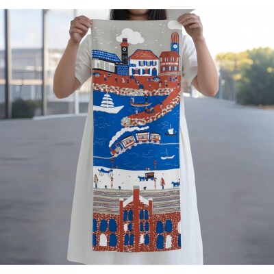 【横浜柄】横浜捺染で染色した手ぬぐい【赤×青】