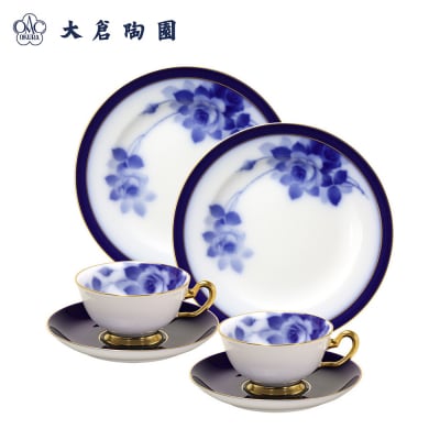 カップ&ソーサー&20cmケーキ皿ペアセット大倉陶園100周年記念(ブルーローズR)〈大倉陶園〉