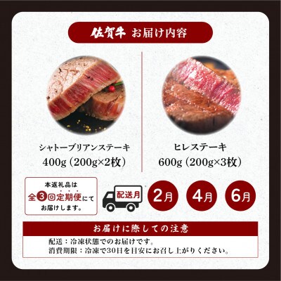 【発送月固定定期便】佐賀牛シャトーブリアンステーキ2枚&ヒレステーキ3枚セット(大町町)全3回