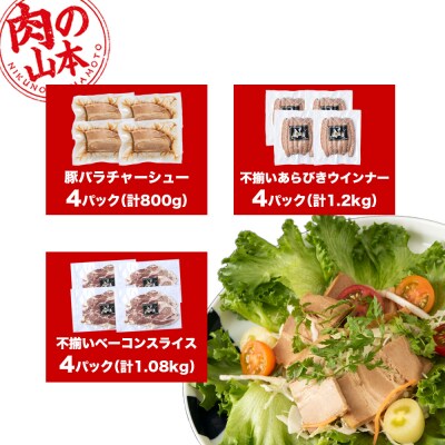 豚バラ チャーシュー・不揃いベーコン・不揃いウィンナー 各4袋 アソートセット≪ 肉の山本 ≫