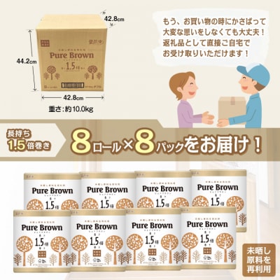 ピュアブラウン無漂白1.5倍長巻きトイレットペーパーダブル8R8パック無香料 未晒し(1369)