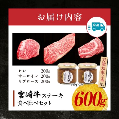 宮崎牛 ステーキ食べ比べセット600g 万能だれ付き