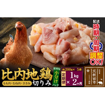 《定期便2ヶ月》比内地鶏切りみ(もも肉・むね肉・ささみ)200g×5袋|jaat-010102