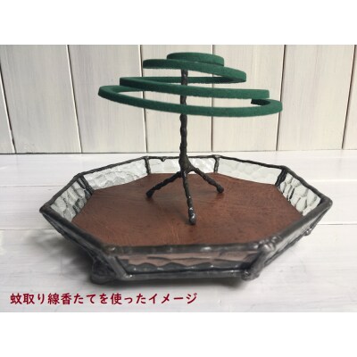 ステンドグラスの小物トレー(八角形D)鹿革のシート&蚊取り線香たて付 インテリア【R00699】