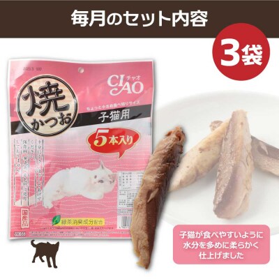 子猫用 いなば キャットフード 焼かつお(5本入×3袋セット)×6回定期便 【J00089】