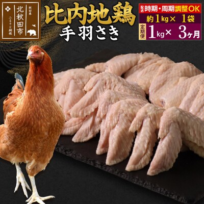 《定期便3ヶ月》比内地鶏 手羽さき(1kg×1袋)×3回 計3kg|jaat-080603