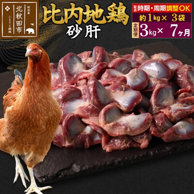 《定期便7ヶ月》比内地鶏 砂肝(1kg×3袋)×7回 計21kg|jaat-100807