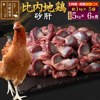 《定期便6ヶ月》比内地鶏 砂肝(1kg×5袋)×6回 計30kg|jaat-101006