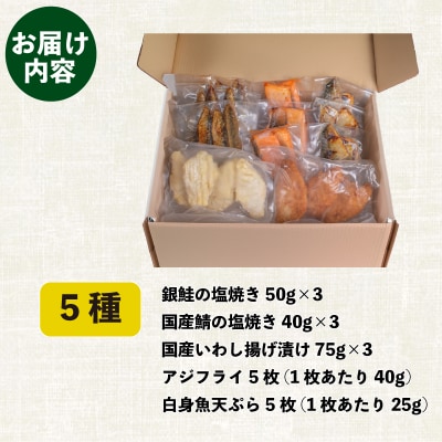 お弁当 お惣菜 5種セット 冷凍 銀鮭 鯖 塩焼き アジフライ 白身天ぷら いわし揚げタレ漬け