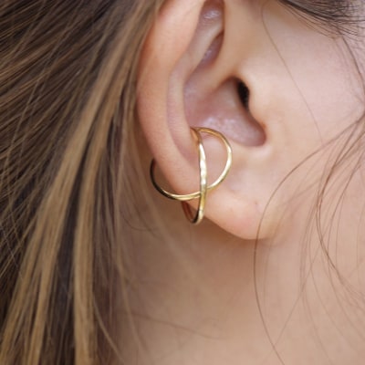 k18YG 地金 手作り 大ぶりイヤーカフ ジュエリー 2連サークル 03192