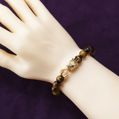 山梨県甲府市にて製作　ドラゴン虎目石ブレスレット　宝珠は水晶　目にはダイヤ　紳士向きサイズ