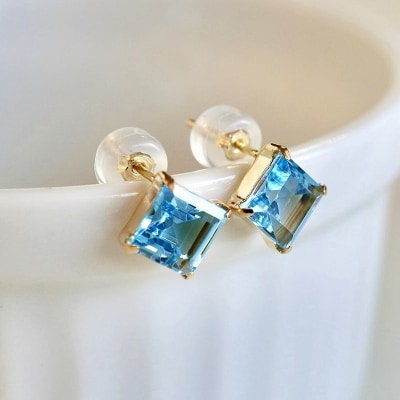 K18YG ブルートパーズ 一粒石 ピアス スクエアカット 6mm 保証書付 SIA-3233